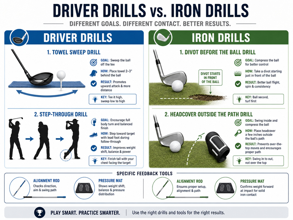 Infographic comparing golf driver swing drills versus iron swing training techniques.