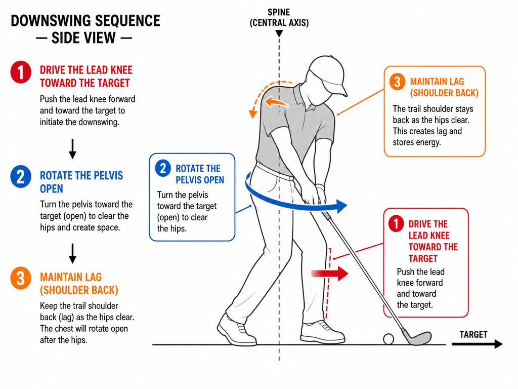 Golf swing rotation diagram showing hip and shoulder sequencing for downswing