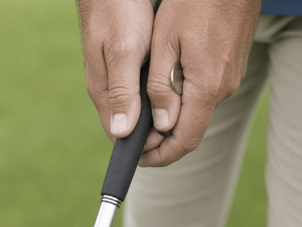 Golfer performing coin drill for constant putting grip pressure