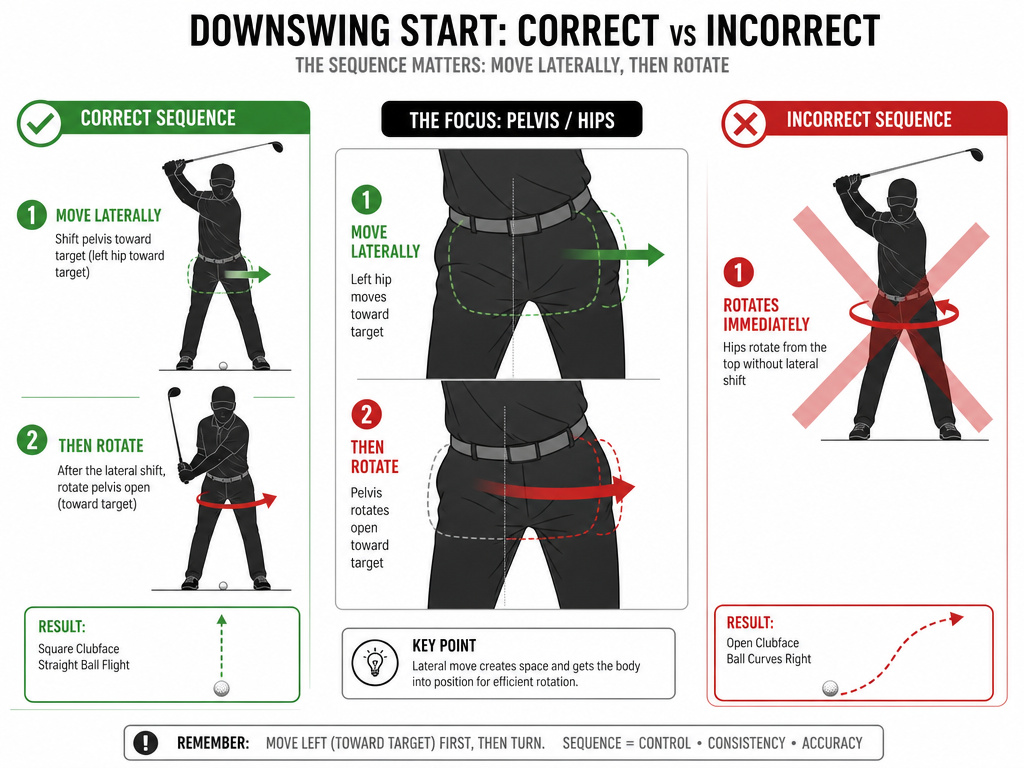 Proper hip translation vs spin out in the golf downswing sequence.