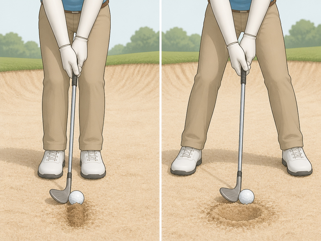 Golfer adjusting stance and grip to fix fat and thin shots from a fairway bunker.