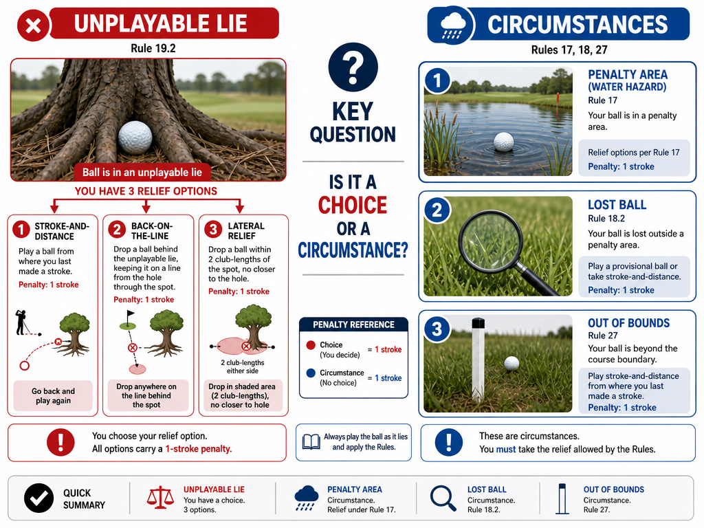 Infographic comparing unplayable lie options to penalty area and lost ball rules.