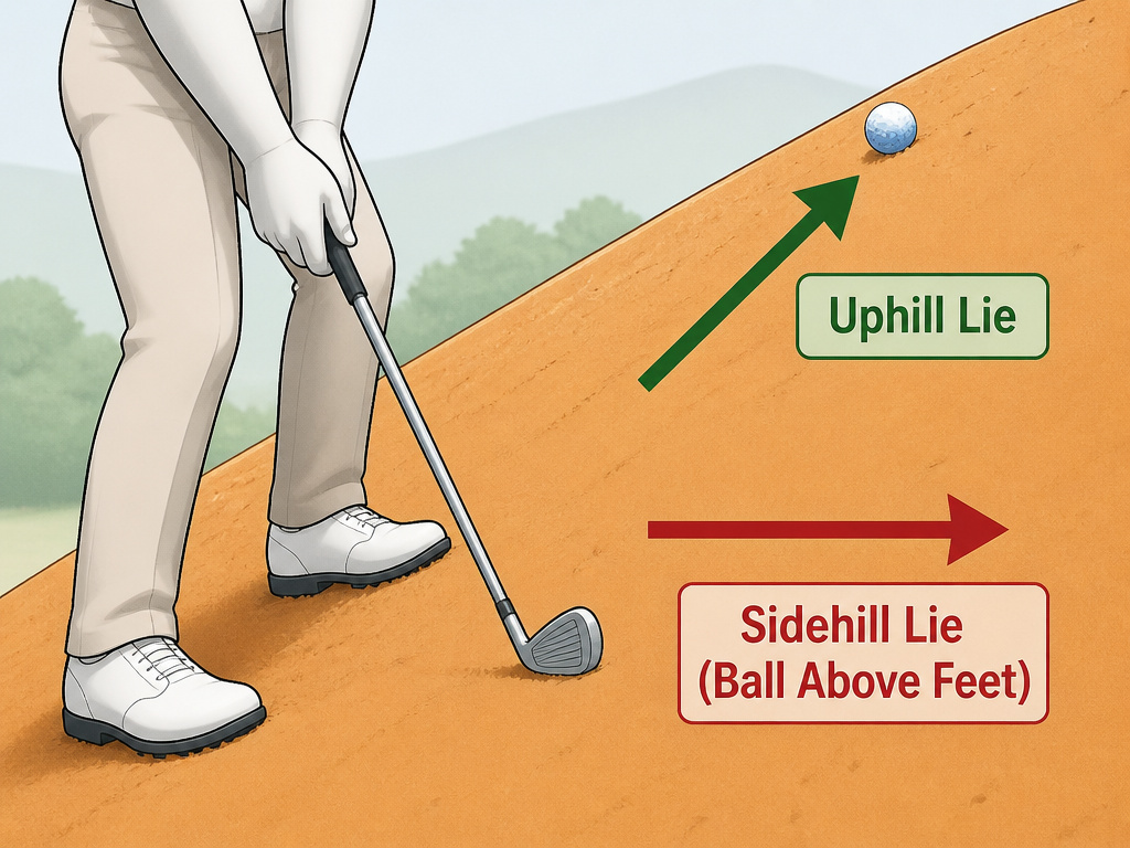 Diagram comparing an uphill golf lie to a sidehill lie with ball above feet.