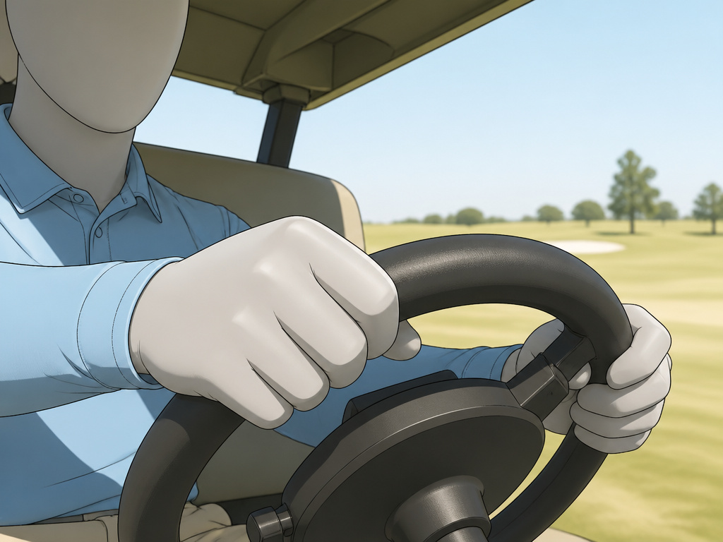 Golfer driving a shaded cart on a hot day for heat management.