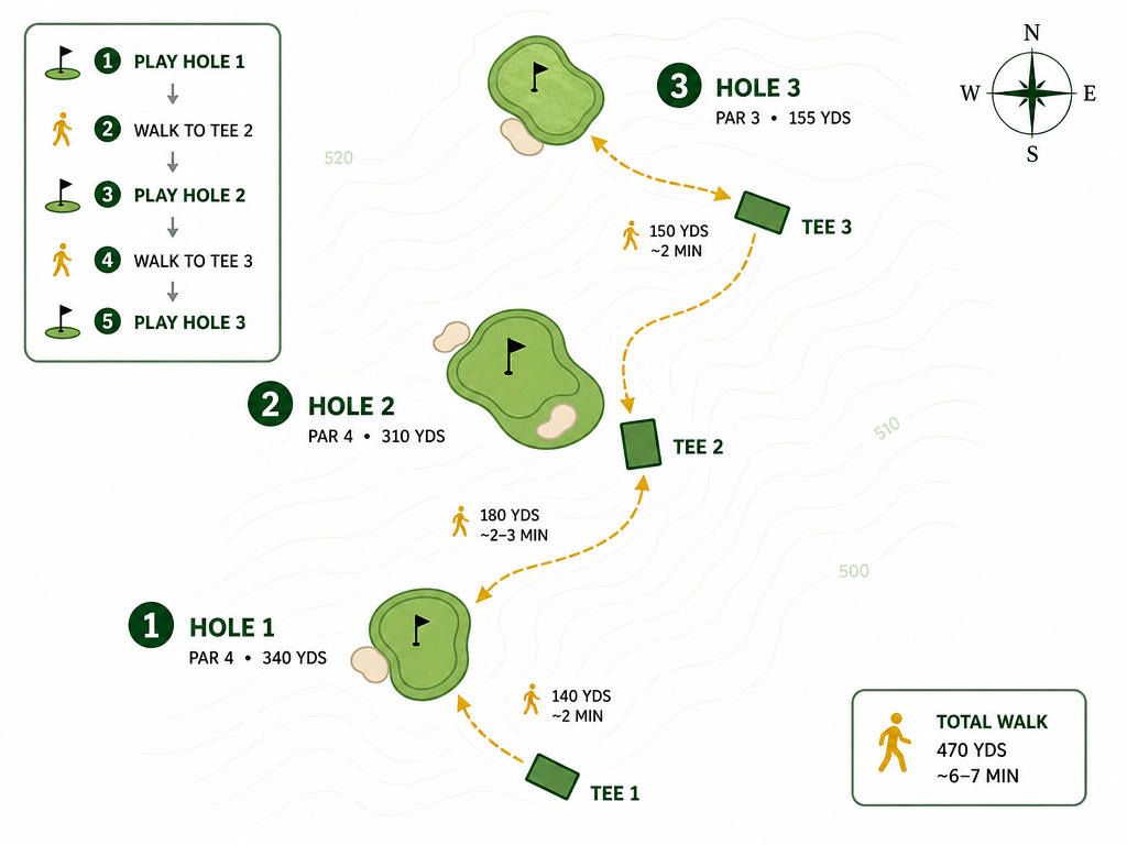 Diagram showing intuitive golf course routing and short green-to-tee walks.