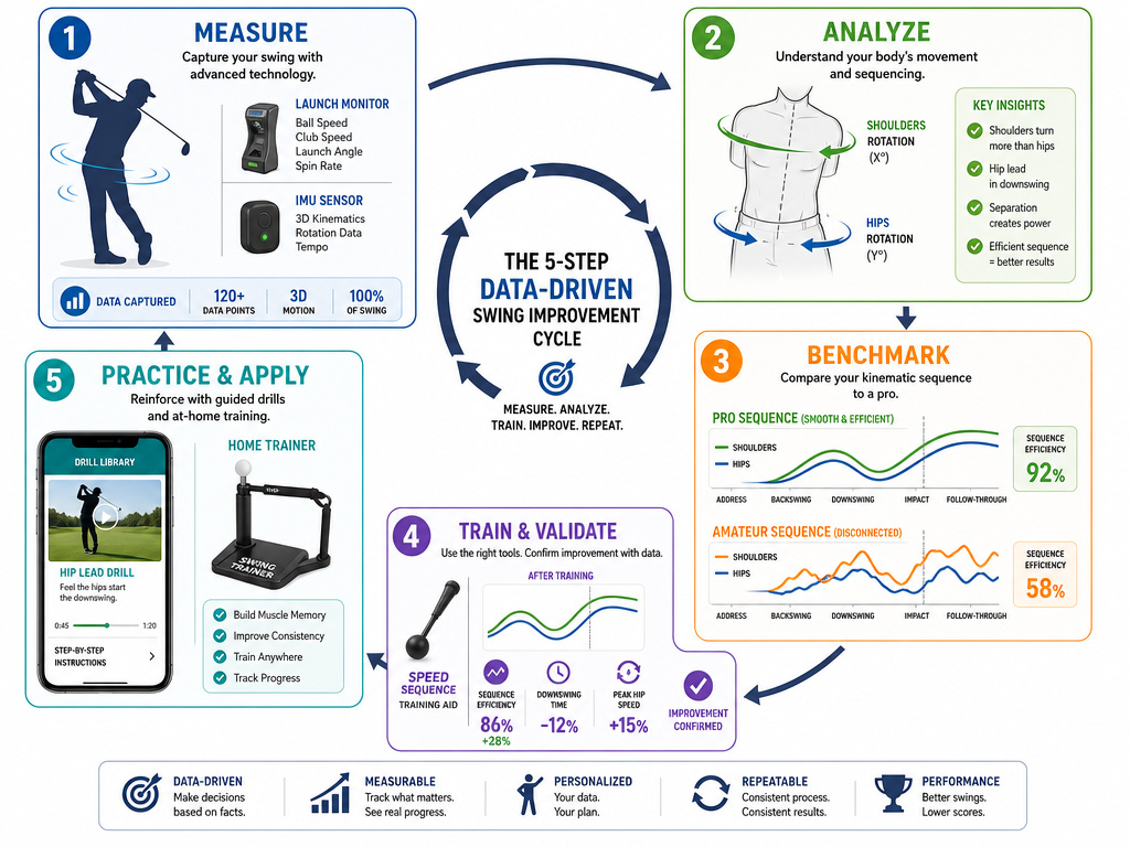 Five-step infographic of a professional golf swing analysis session process.