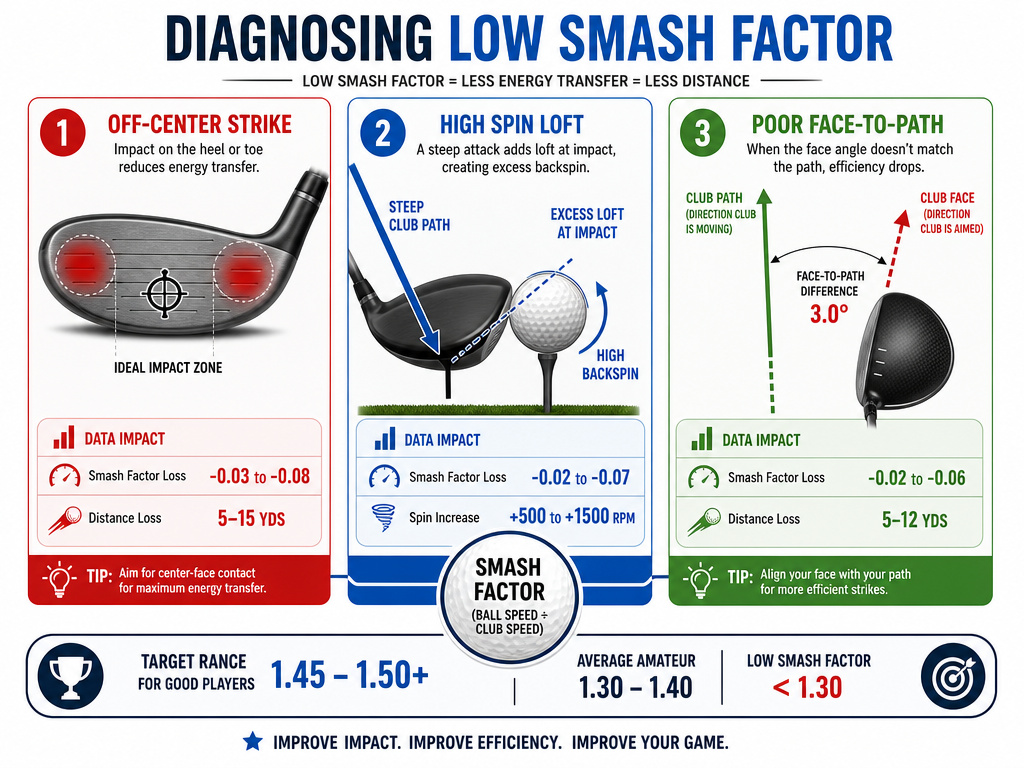 Infographic diagnosing three common causes of a low golf smash factor.