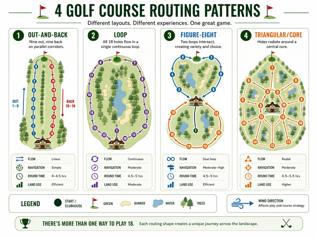 Four classic golf course routing plans: out-and-back, loop, figure-eight, and core.