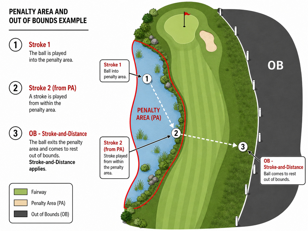 Diagram of golf penalty area shot going out of bounds, showing stroke count.