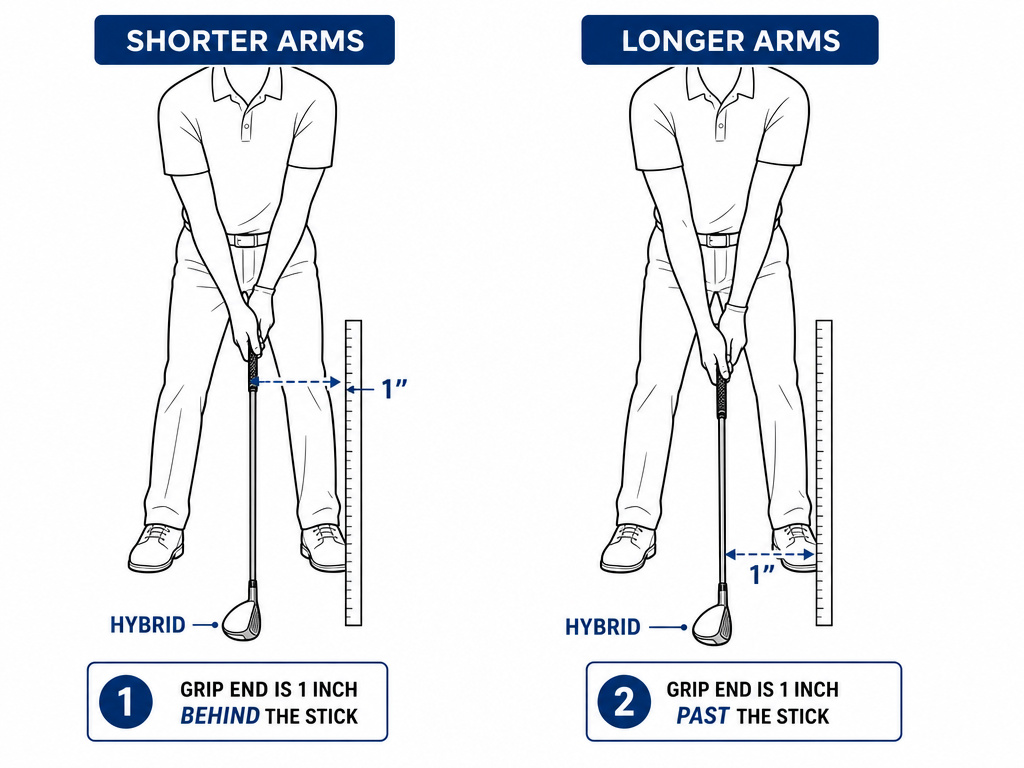 Adjusting ball distance at address for golfers with shorter versus longer arms