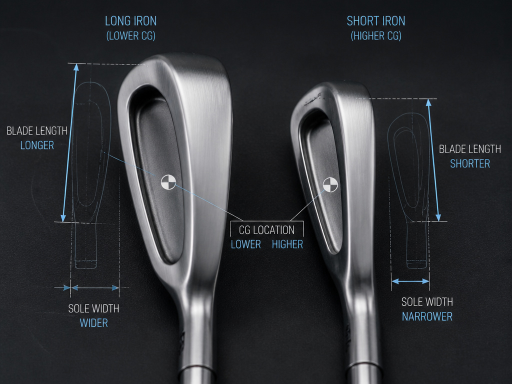 Progressive golf iron set comparison showing head design and CG differences.