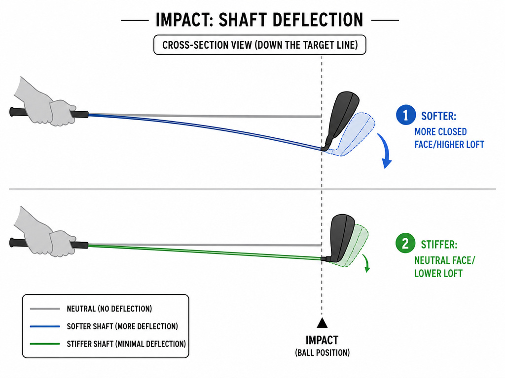 Diagram comparing how golf shaft flex affects clubhead orientation and loft at impact