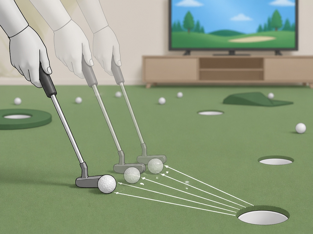 Golfer avoiding repetitive putting drills during home practice session