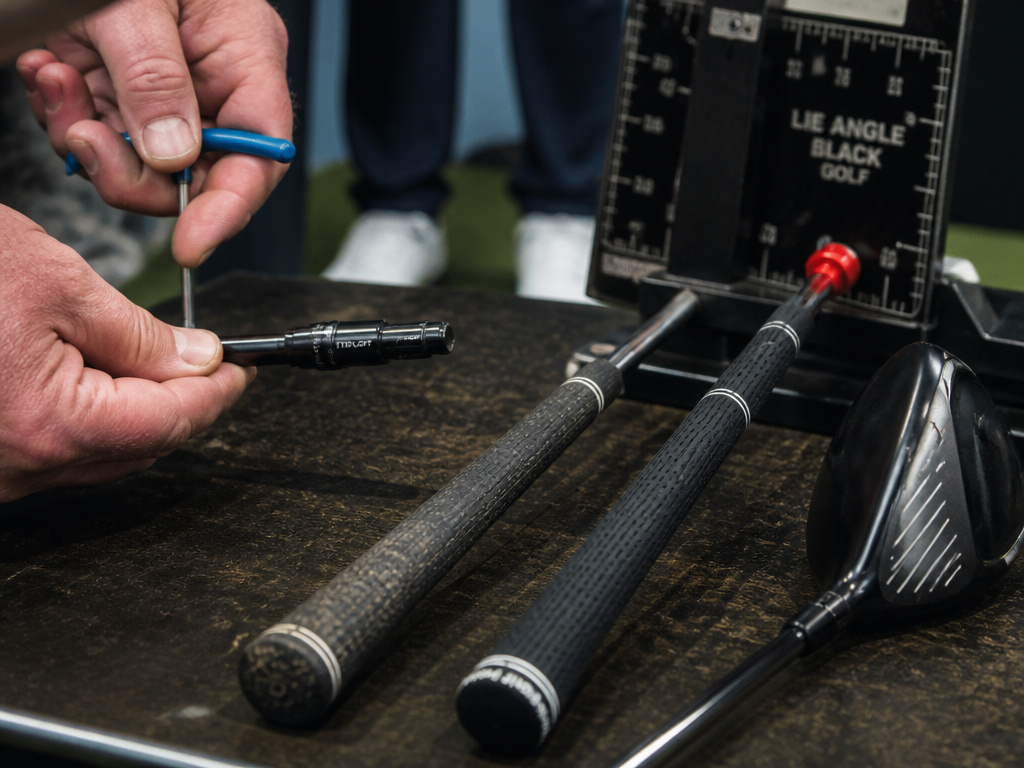 Golf club fitter's hands comparing old driver to new shaft during a club fitting session