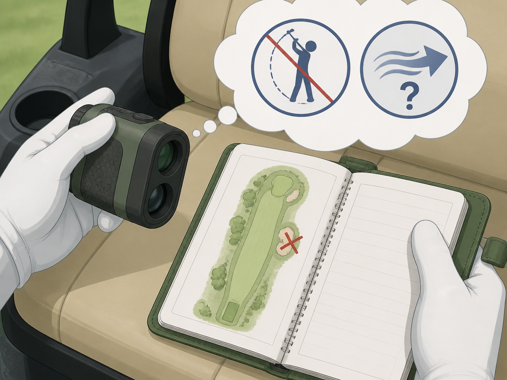 Golfer diagnosing a poor shot using a yardage book and rangefinder on the course.