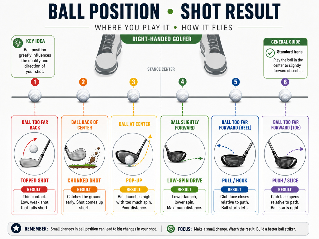 Golf ball position errors chart showing causes of tops, chunks, pulls, and pushes.