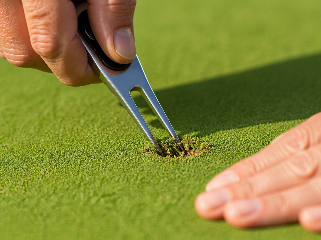 Golfer's hands repairing a pitch mark on the green with a divot tool.