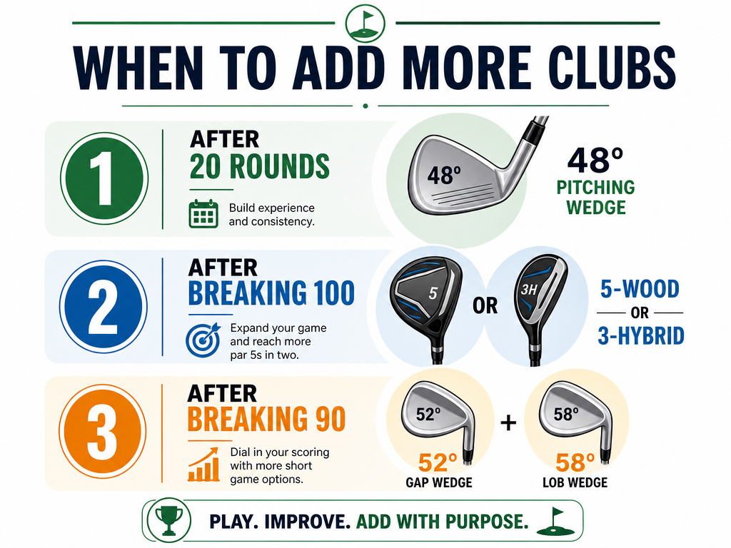 Beginner golf club progression infographic showing when to add wedges and woods.