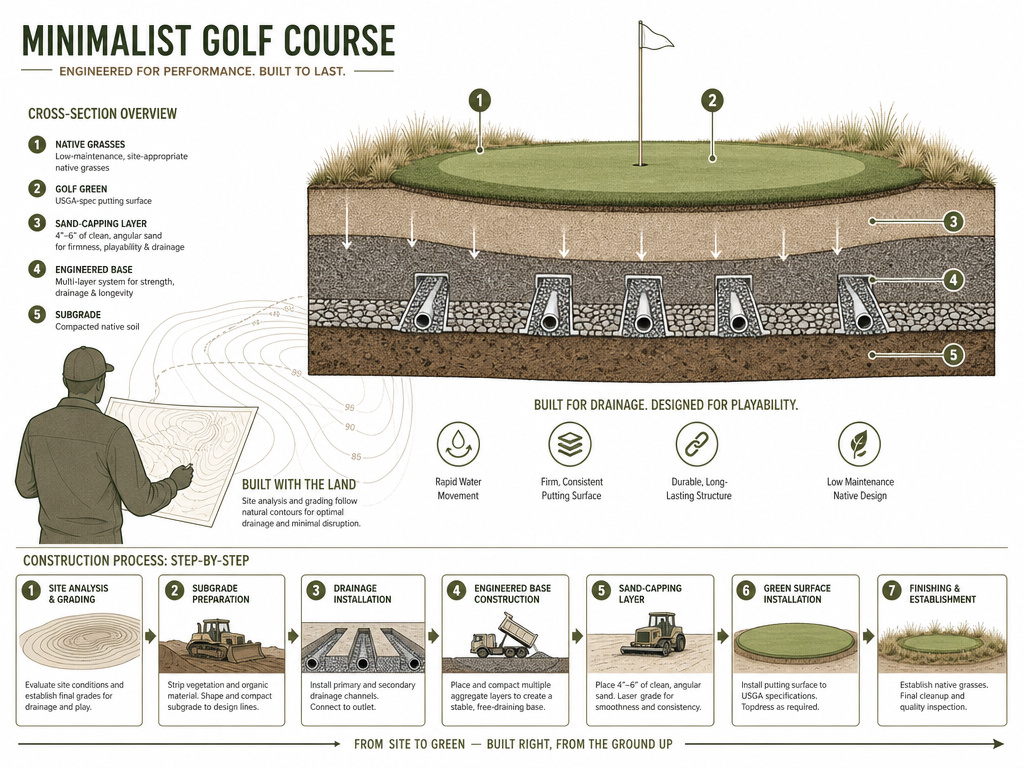 Cross-section diagram of engineered drainage and sand-capping for minimalist golf design