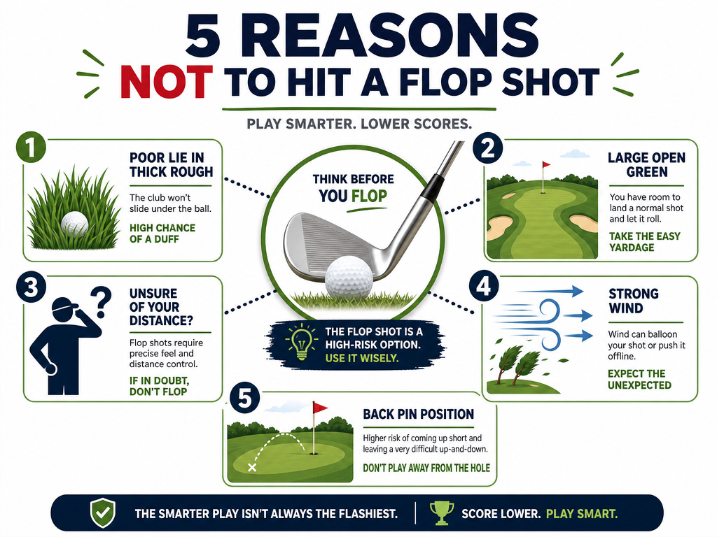 Infographic showing five situations when a golfer should avoid hitting a flop shot
