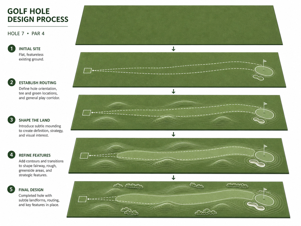 Diagram of subtle golf course contours built on flat land, Coore design style.