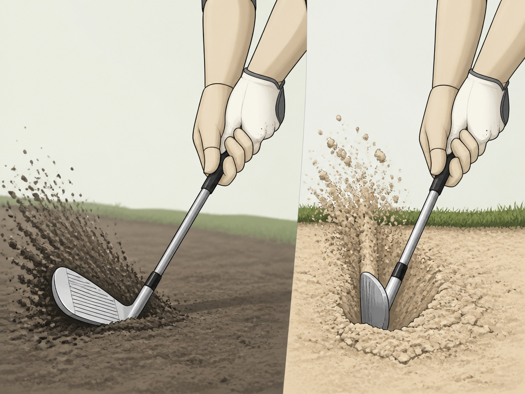 Cartoon comparing bunker shot techniques for wet sand and plugged lies.