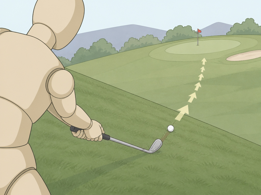 Golfer hitting a low runner shot from a severe downhill lie in golf.