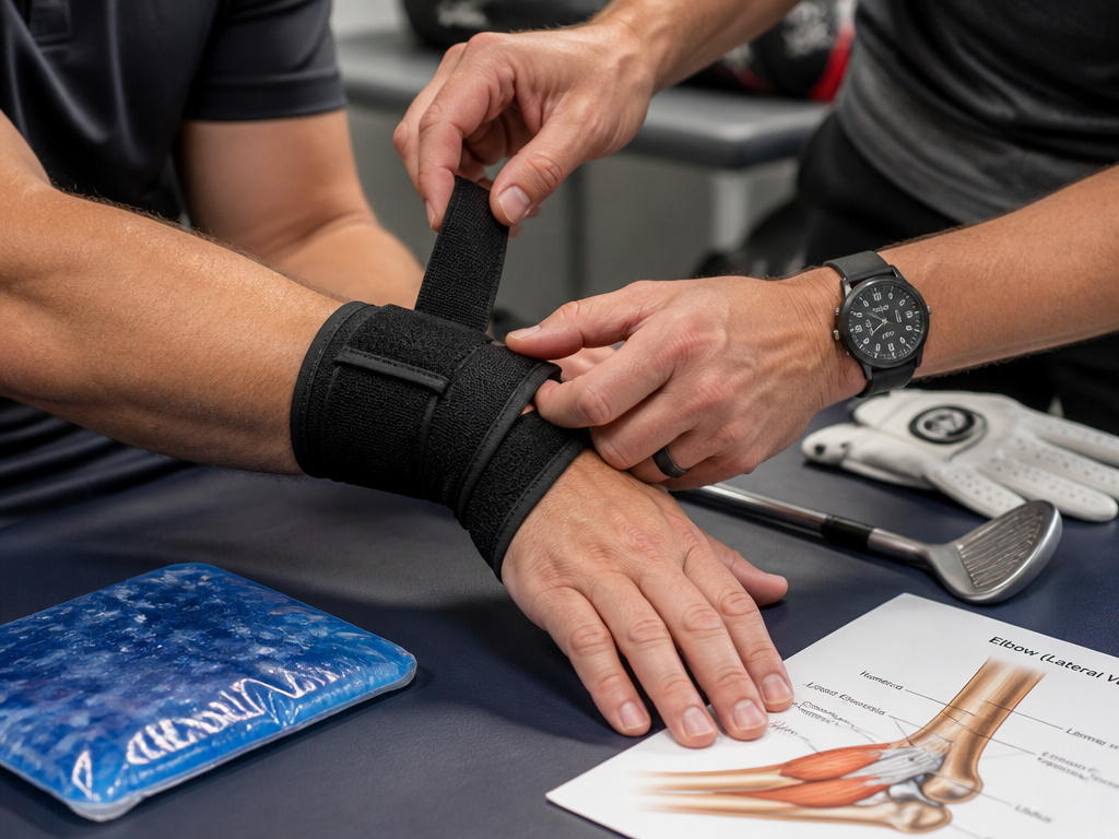 Golfer receiving wrist support and treatment for common golf injury prevention.