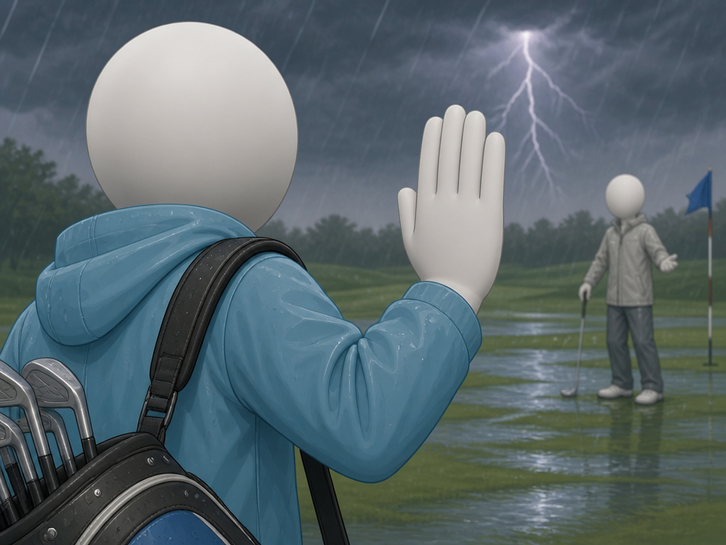 Golfer stopping play due to lightning and flooded green in the rain.