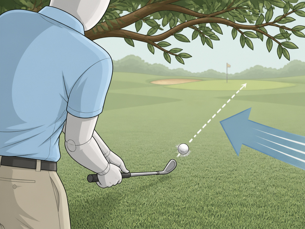 Golfer hitting a low punch shot under trees and into a headwind.