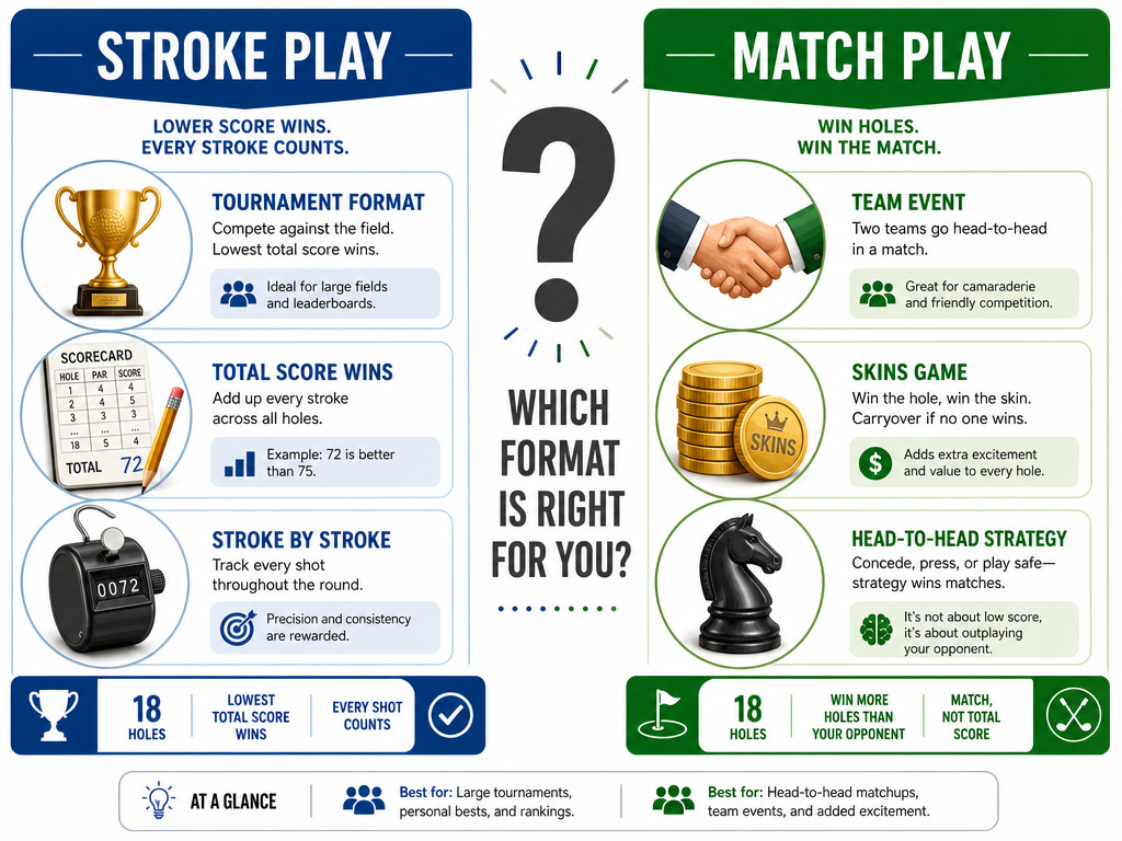 Infographic comparing stroke play and match play formats in golf.