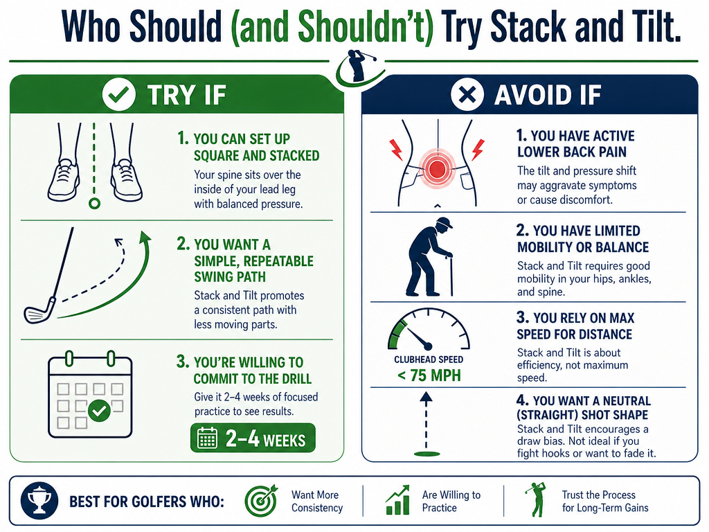 Infographic comparing who should and shouldn't use the stack and tilt golf method.