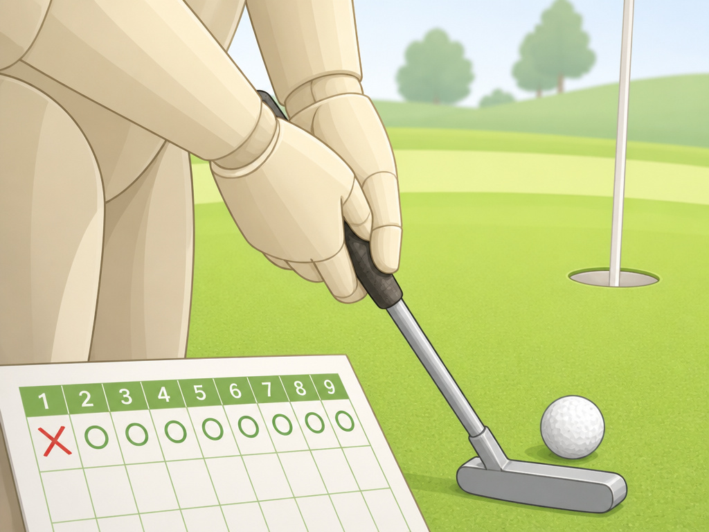 Golfer's hands putting after a bogey on a 59 round scorecard