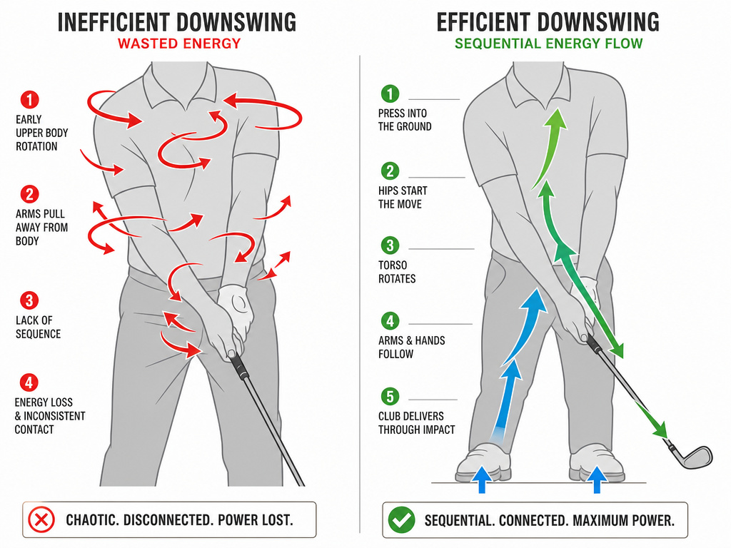 Diagram comparing an inefficient versus an efficient golf downswing kinetic sequence.