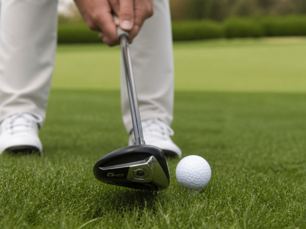 Golfer using a hybrid club for a short chip shot from the fringe.
