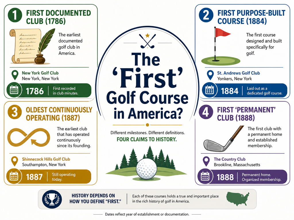 Infographic comparing four different claimants for America's first golf course.