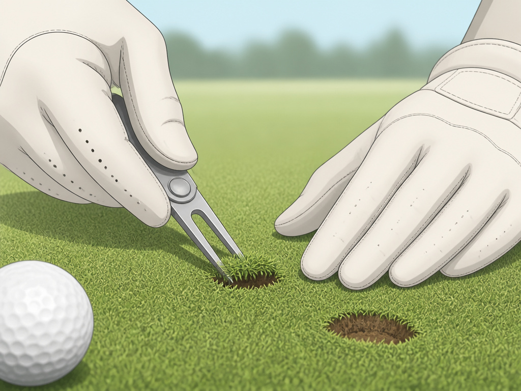 Golfer's hands repairing a pitch mark on a green with a divot tool.