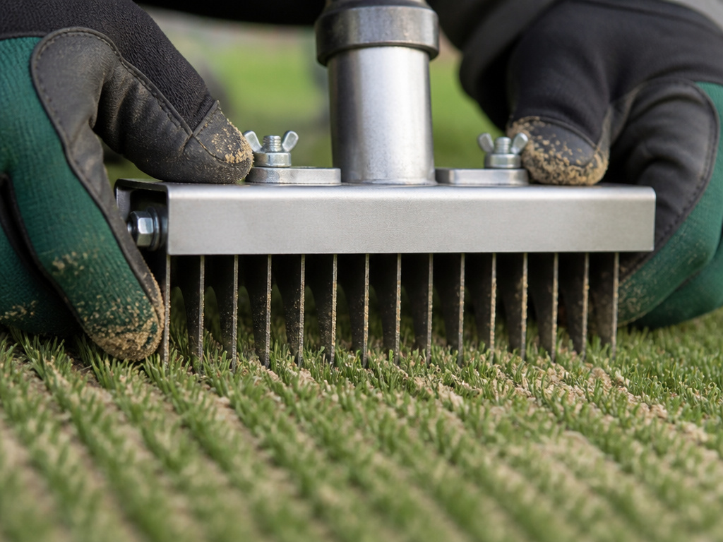 Close-up of verticutting and topdressing on a modern golf green surface.