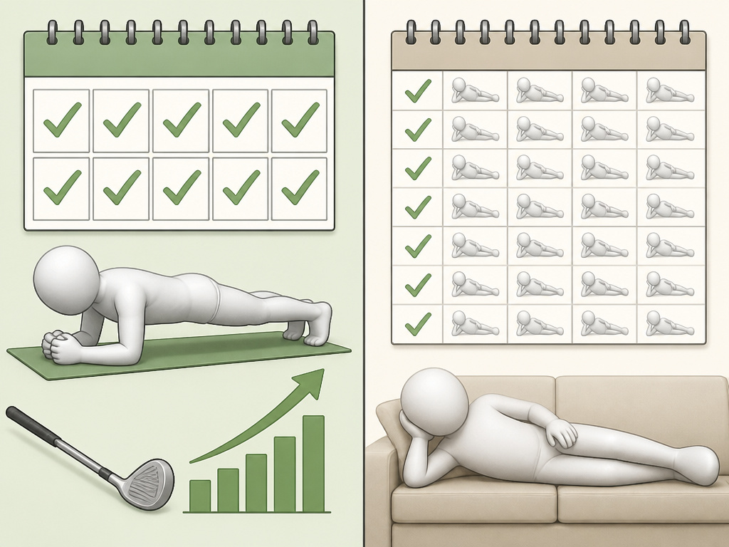 Split panel comparing consistent versus infrequent core exercise schedules for golfers