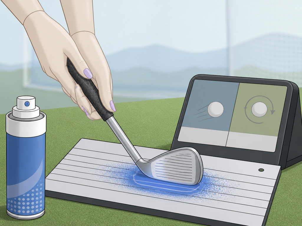 Close-up of a woman's golf club fitting using a lie board and launch monitor.