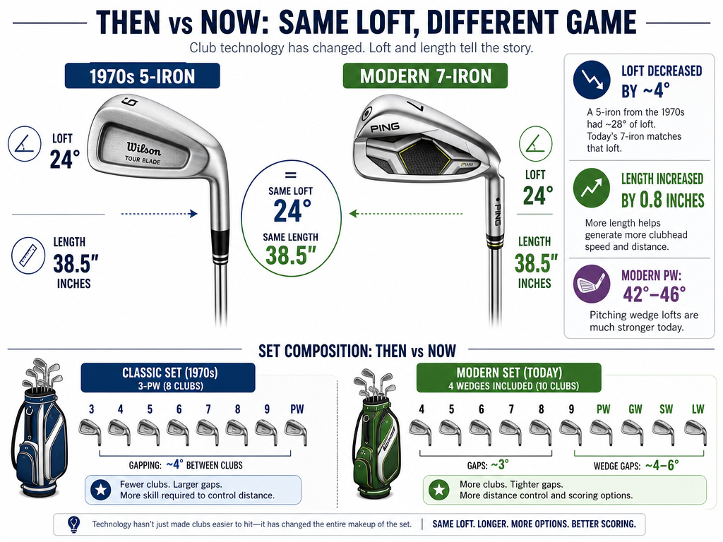 Infographic comparing loft and length of vintage versus modern golf irons.