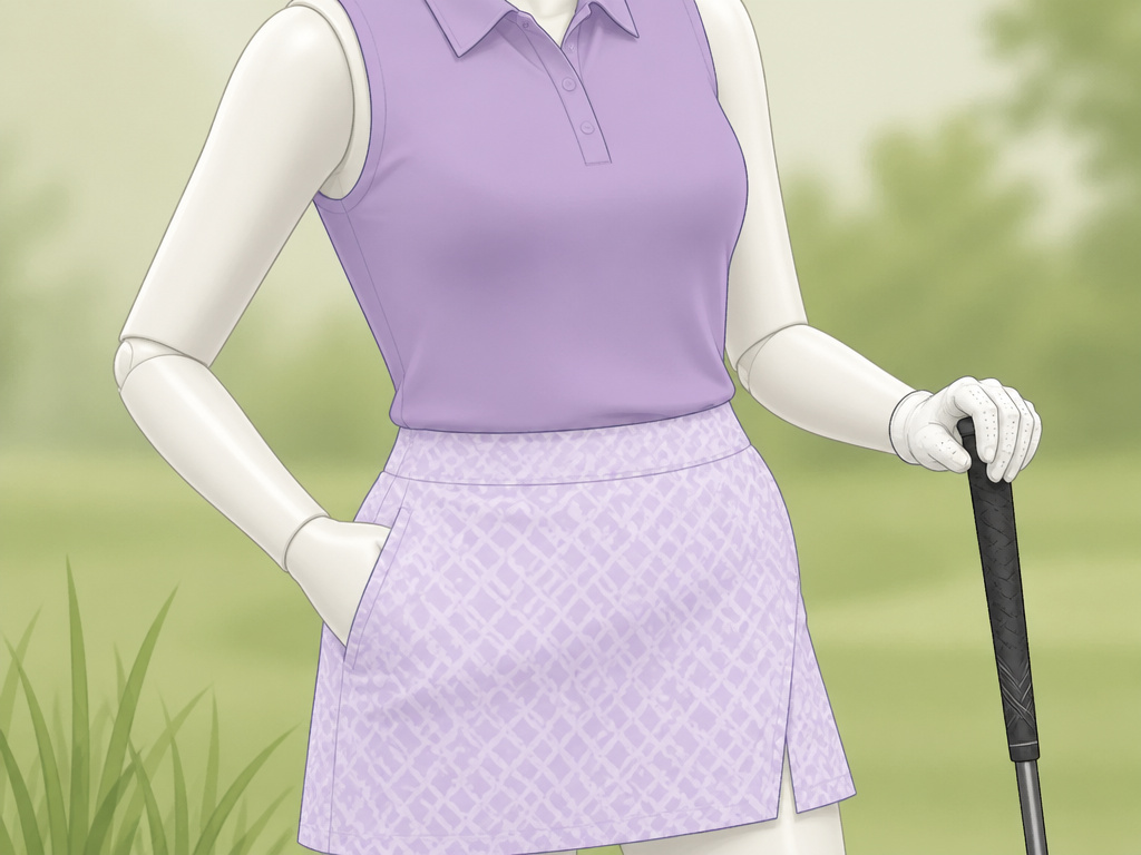 Close-up of approved women's golf attire showing a collared sleeveless top and tailored skort.