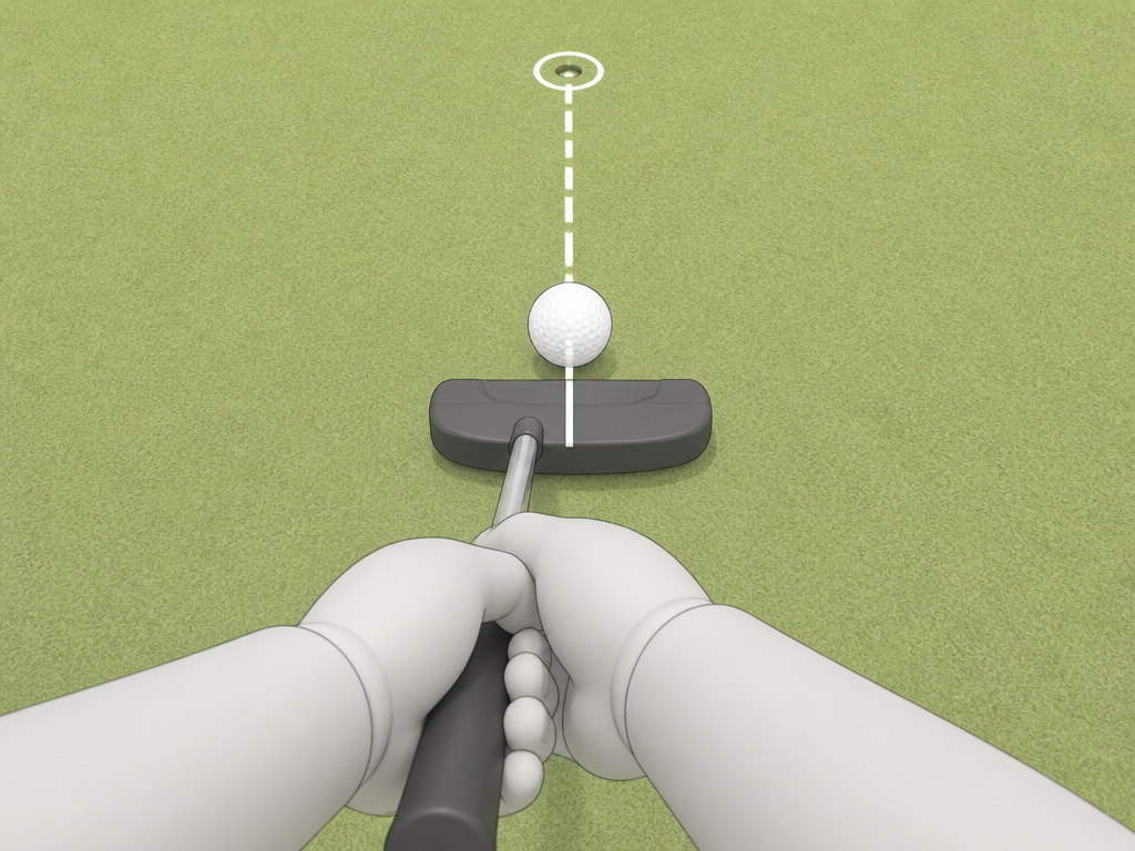 Golfer aligning putter face to an intermediate target on the green.