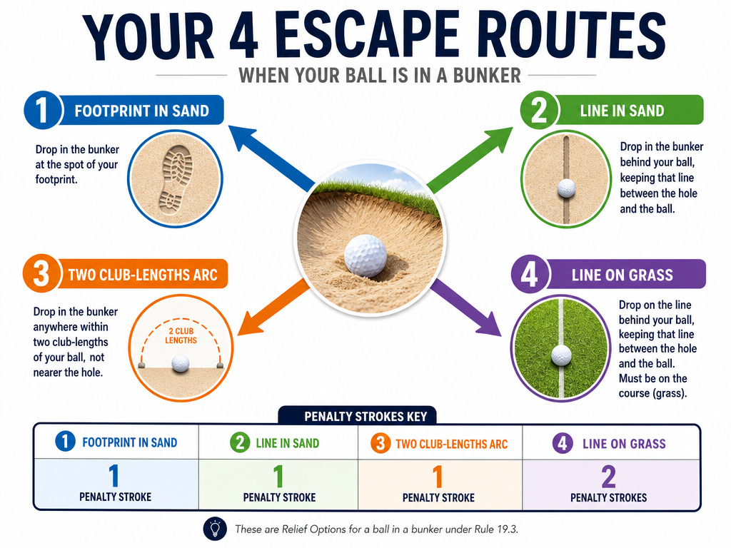 Infographic showing four unplayable ball relief options from a golf bunker with penalty strokes.