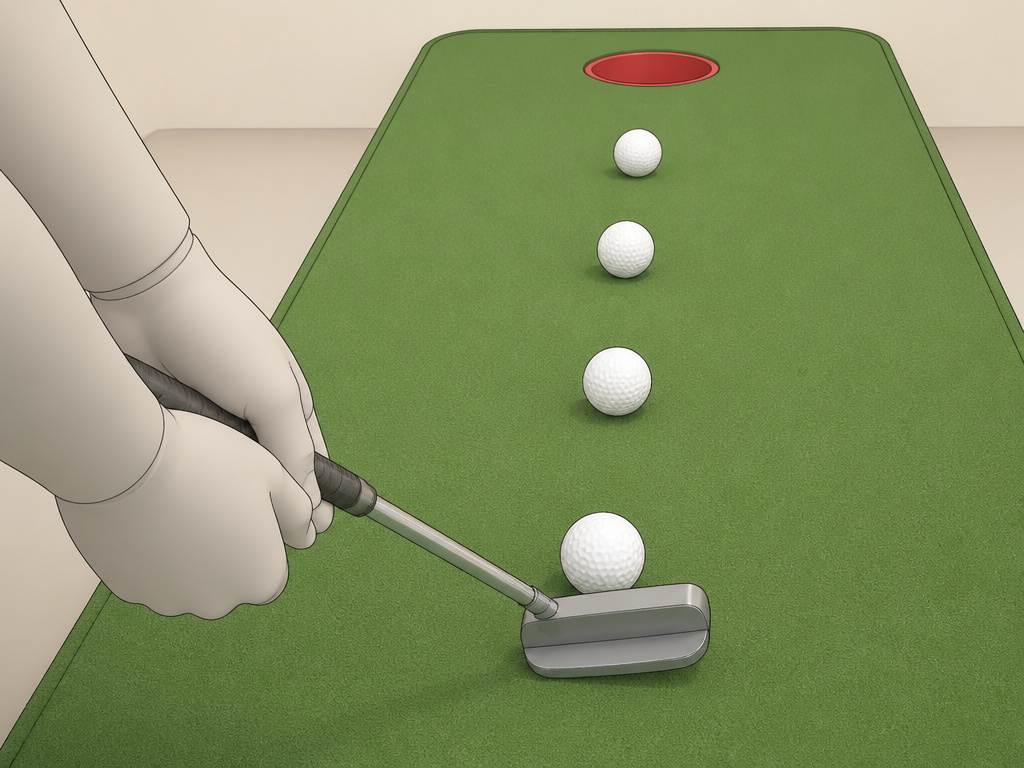 Beginner golfer practicing short putts on a green in a close-up cartoon.