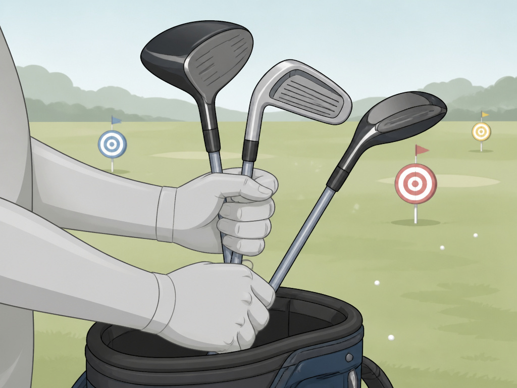 Golfer's hands randomly selecting multiple clubs for variable practice drill