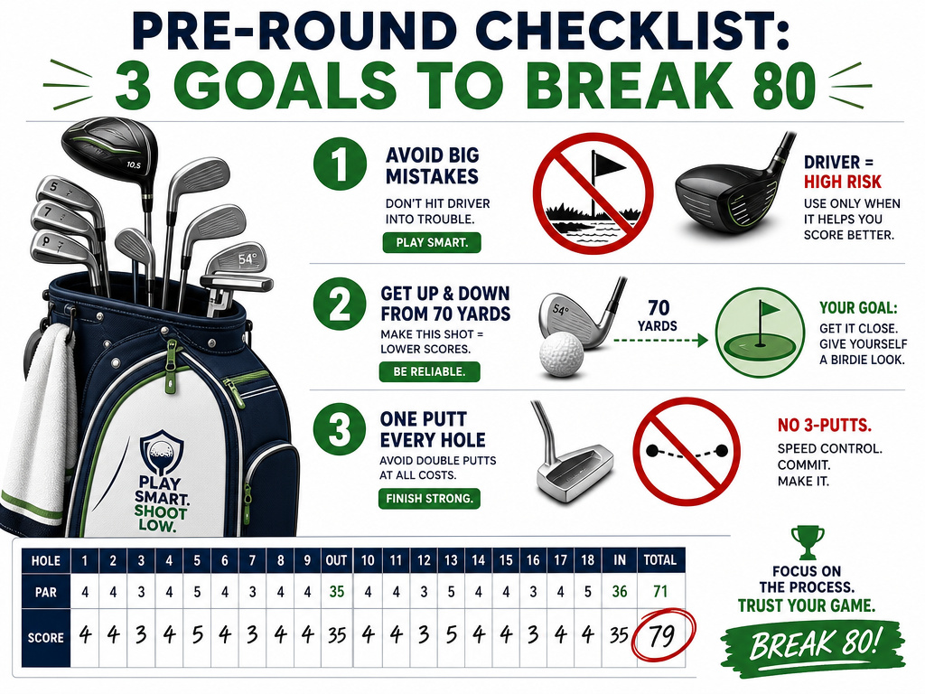 Infographic checklist for breaking 80 in golf with three strategic pre-round goals.